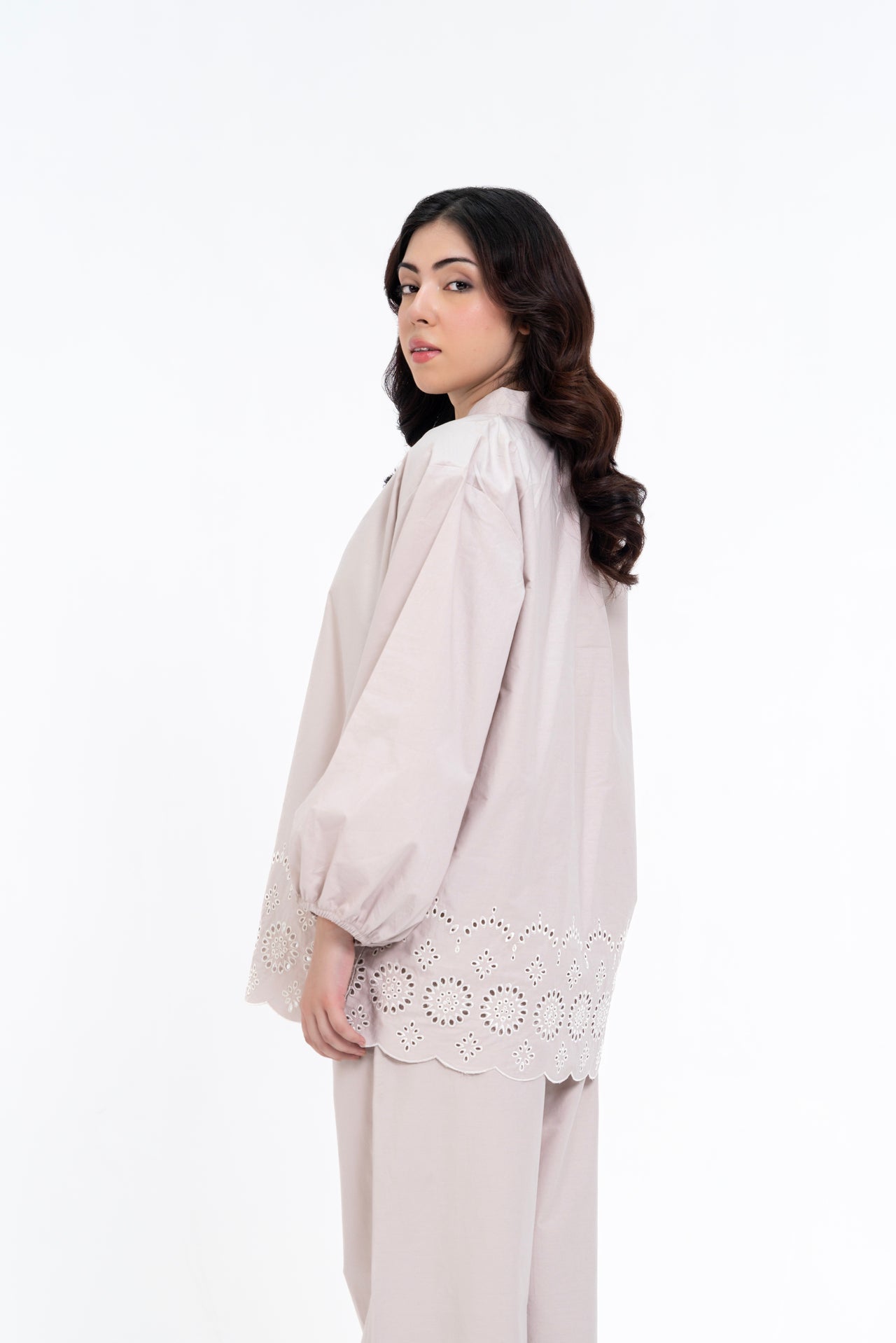 Mandarin Collared Puff Sleeve Cutwork Shirt - Stone