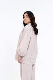 Mandarin Collared Puff Sleeve Cutwork Shirt - Stone