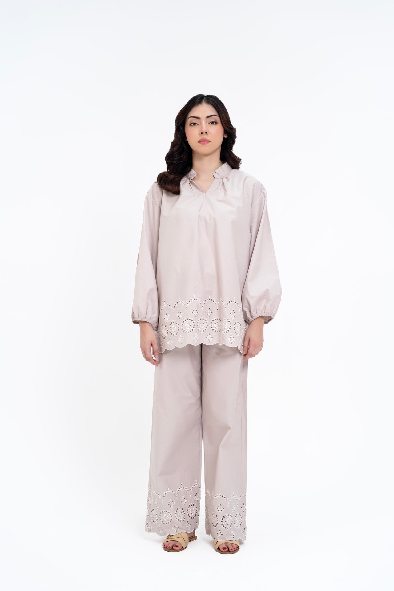 Mandarin Collared Puff Sleeve Cutwork Shirt - Stone