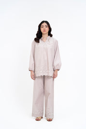 Mandarin Collared Puff Sleeve Cutwork Shirt - Stone
