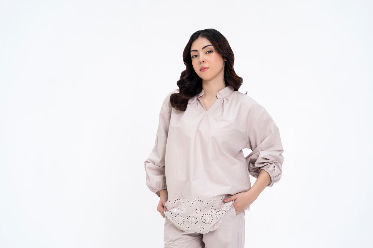 Mandarin Collared Puff Sleeve Cutwork Shirt - Stone
