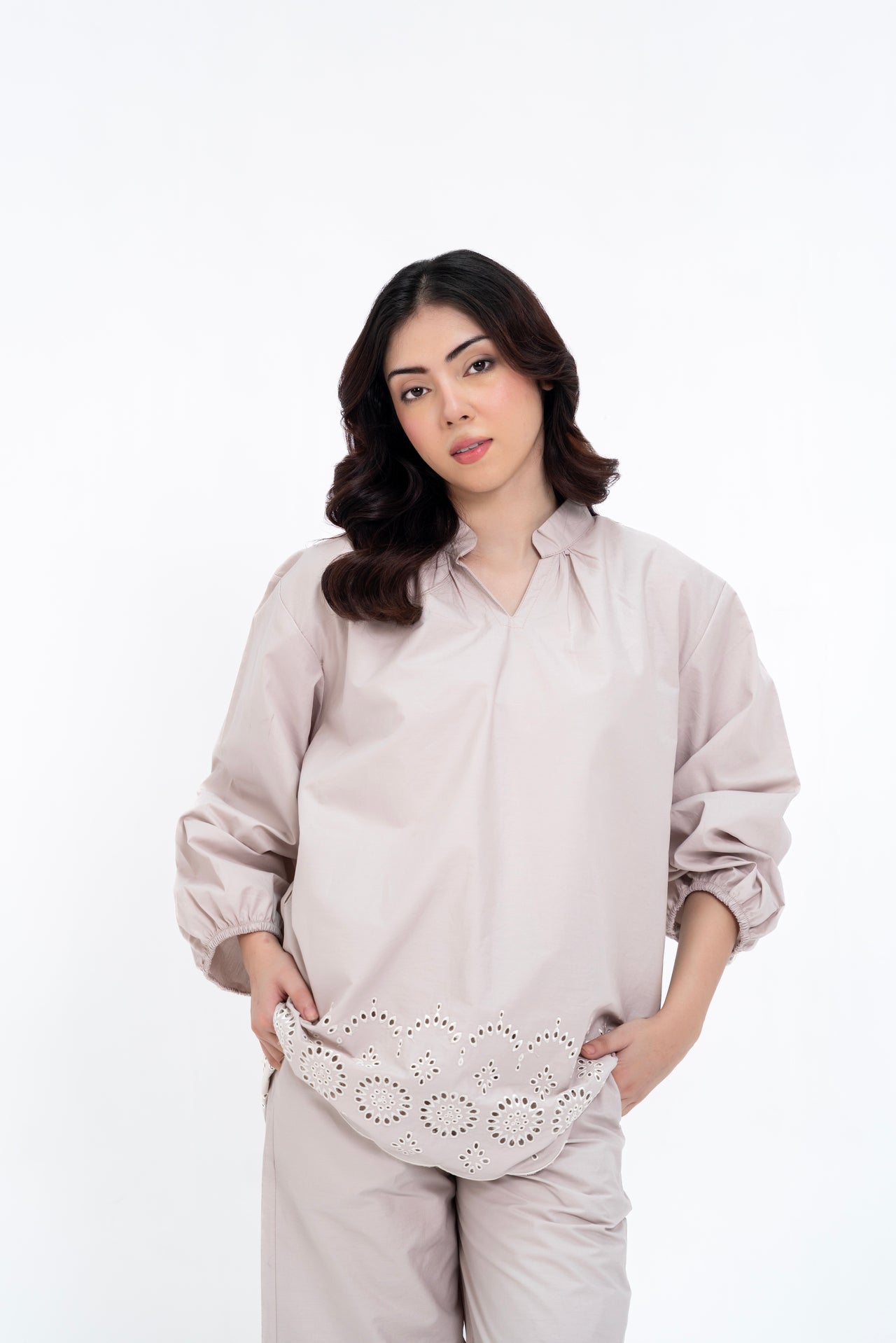 Mandarin Collared Puff Sleeve Cutwork Shirt - Stone