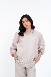 Mandarin Collared Puff Sleeve Cutwork Shirt - Stone