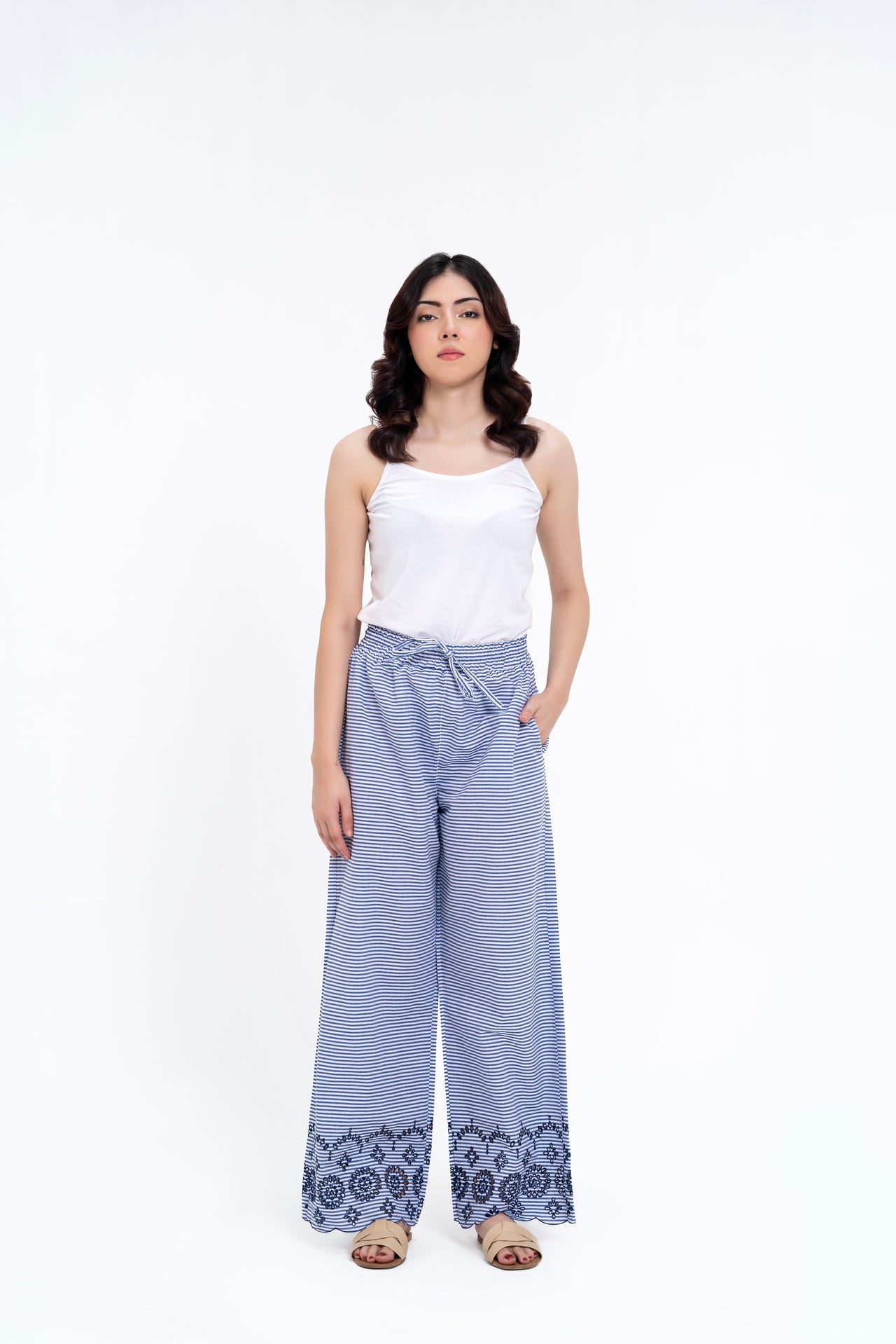 Pull-on Cutwork Pant - Navy Blue White Striped