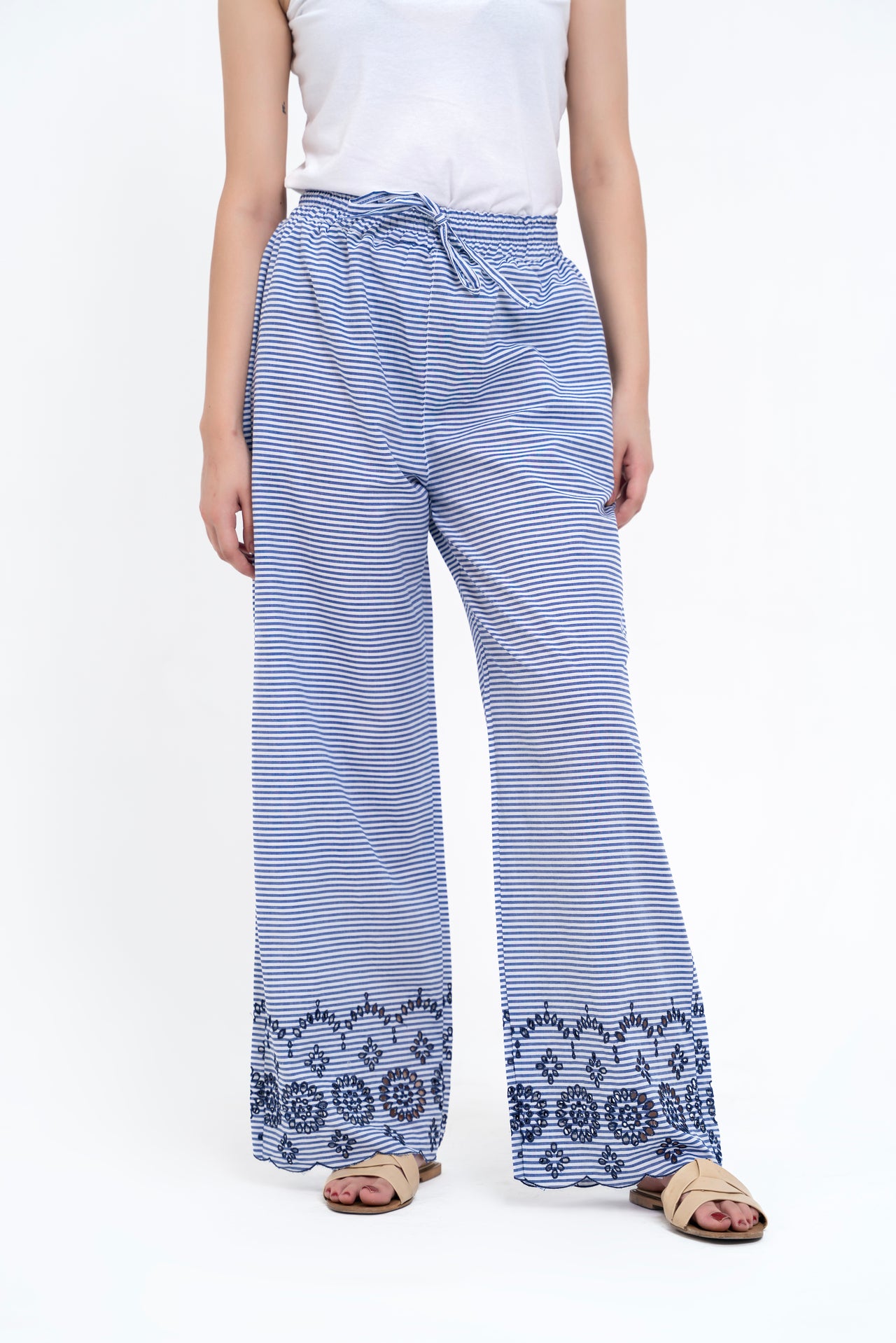 Pull-on Cutwork Pant - Navy Blue White Striped