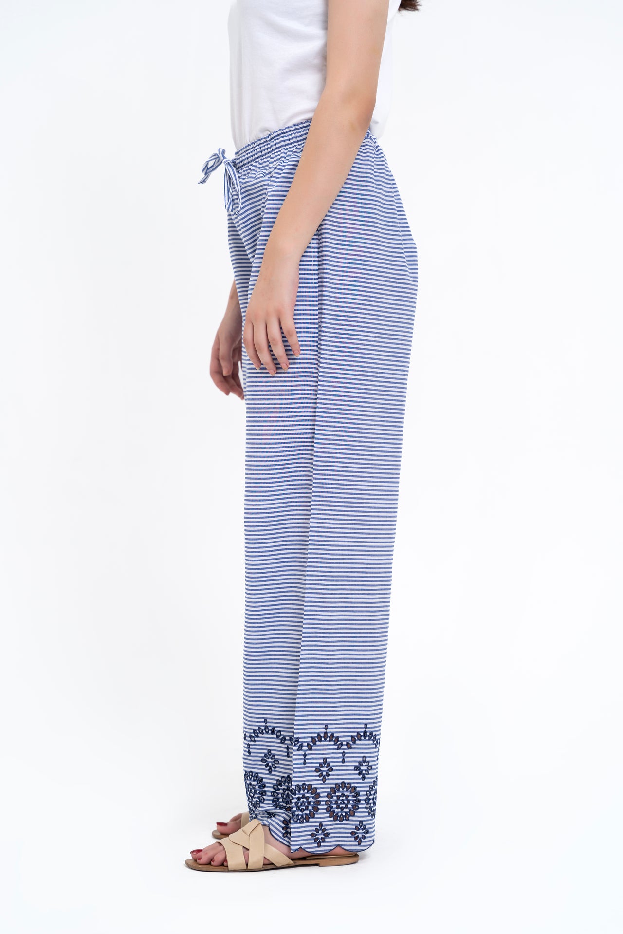 Pull-on Cutwork Pant - Navy Blue White Striped