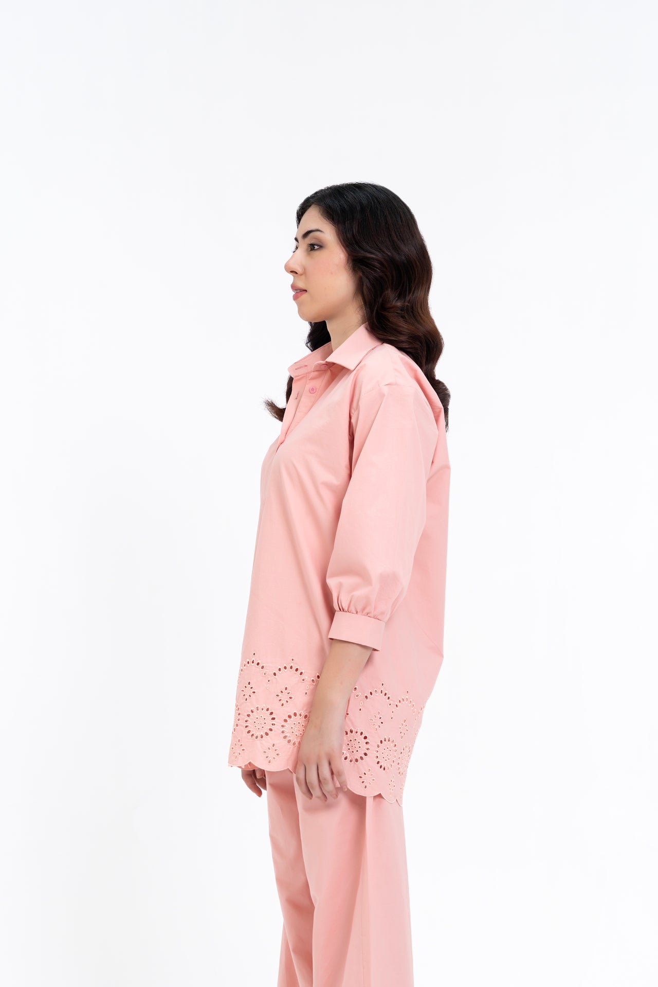 Slit Hem Cutwork Shirt - Peachy Pink
