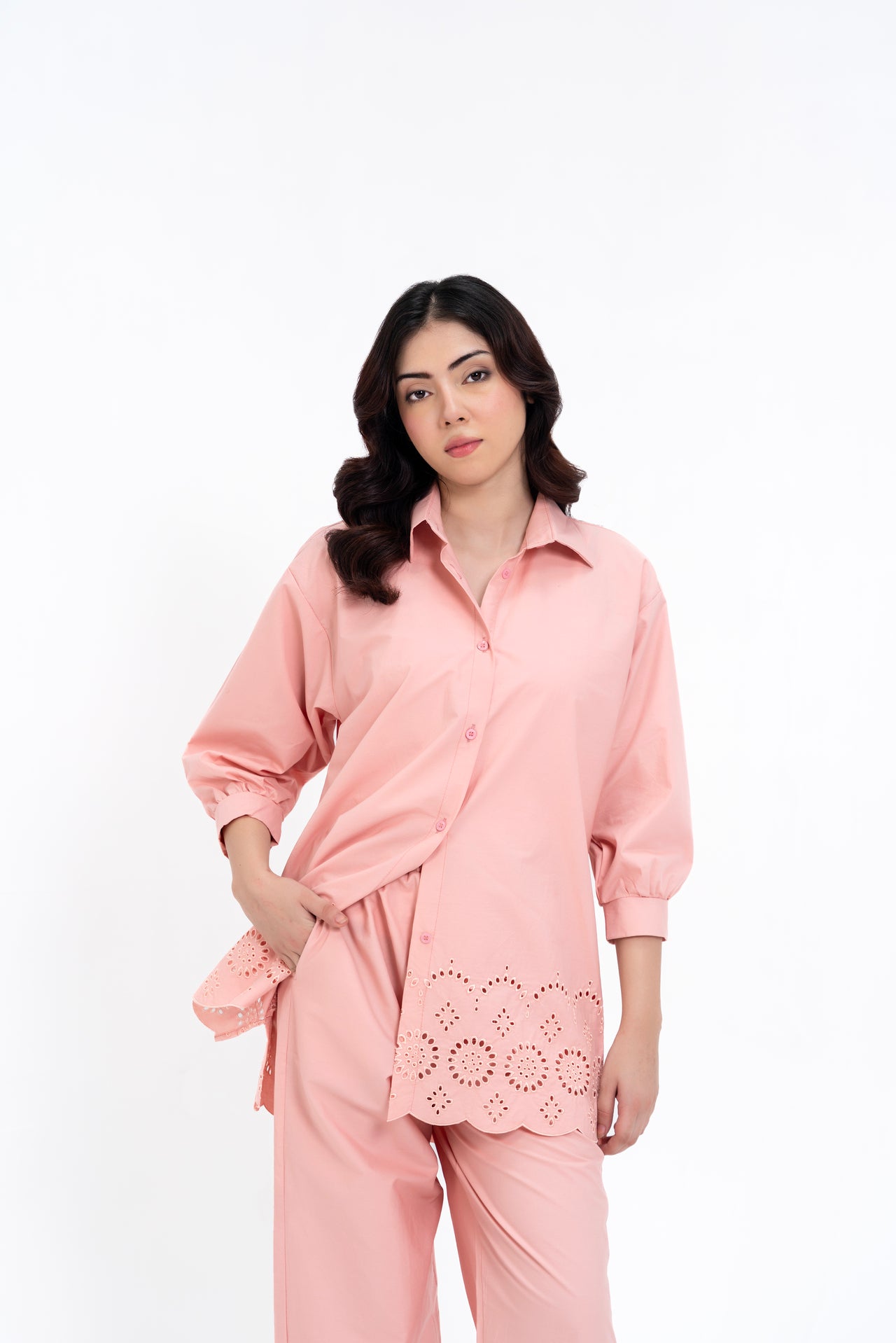 Slit Hem Cutwork Shirt - Peachy Pink