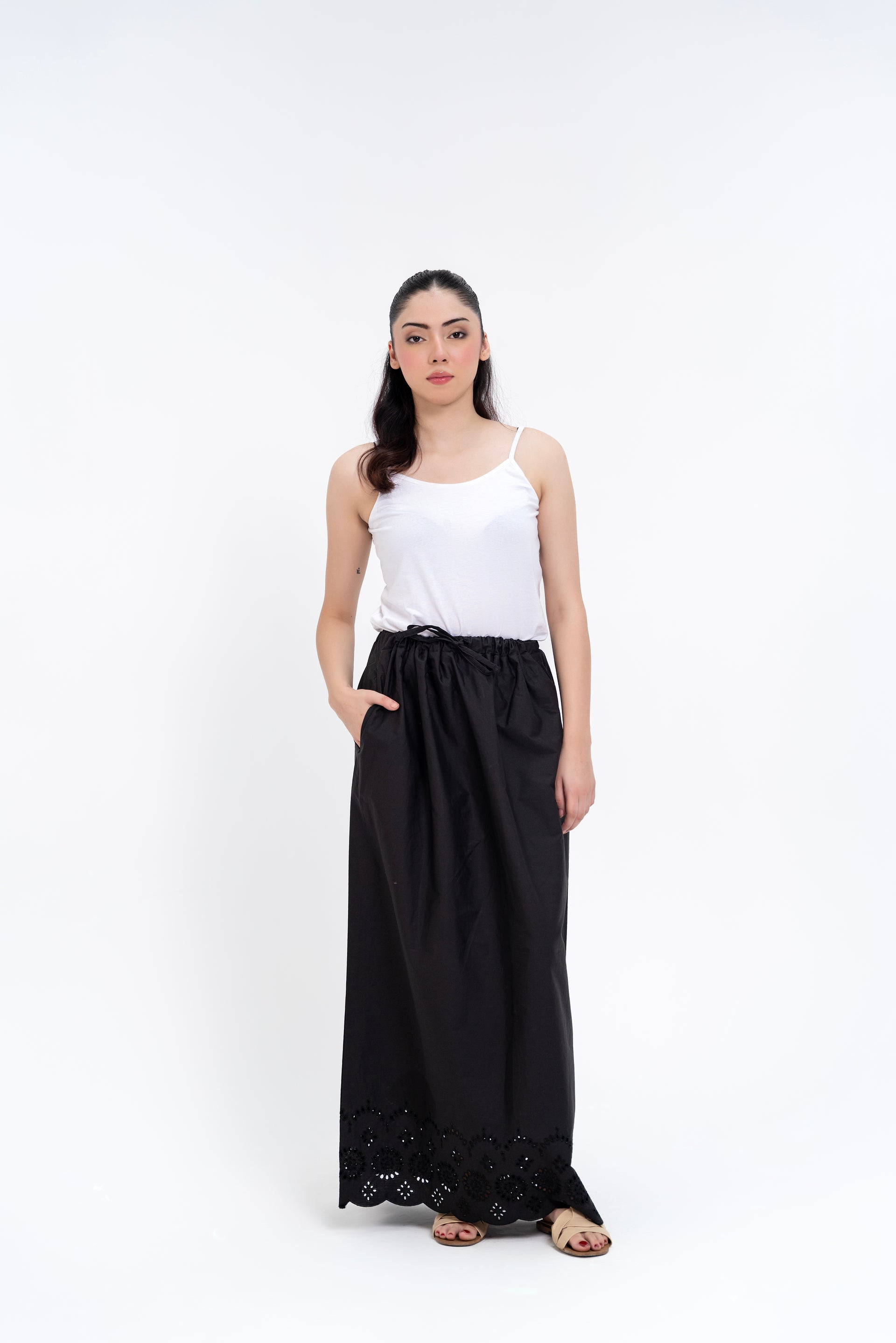 Long Skirt With Cutwork Detail - Black