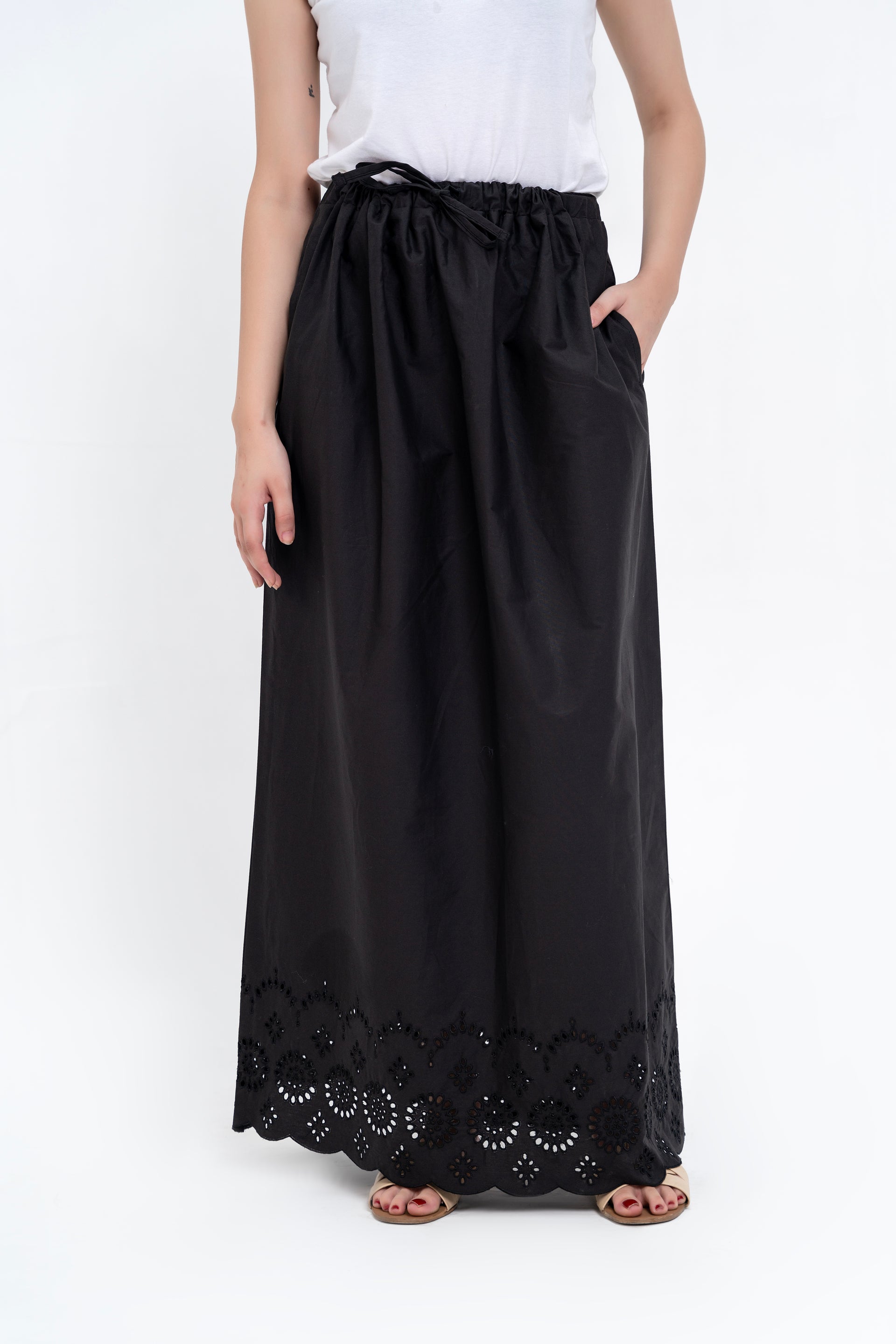 Long Skirt With Cutwork Detail - Black