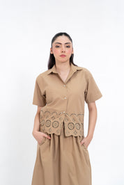 Cropped Boxy Cutwork Shirt - Dark Beige