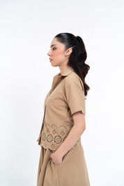 Cropped Boxy Cutwork Shirt - Dark Beige