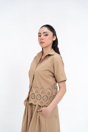 Cropped Boxy Cutwork Shirt - Dark Beige