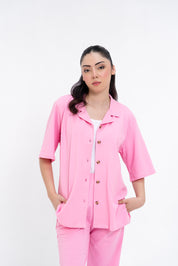 Textured Knit Resort Collar Shirt - Pink