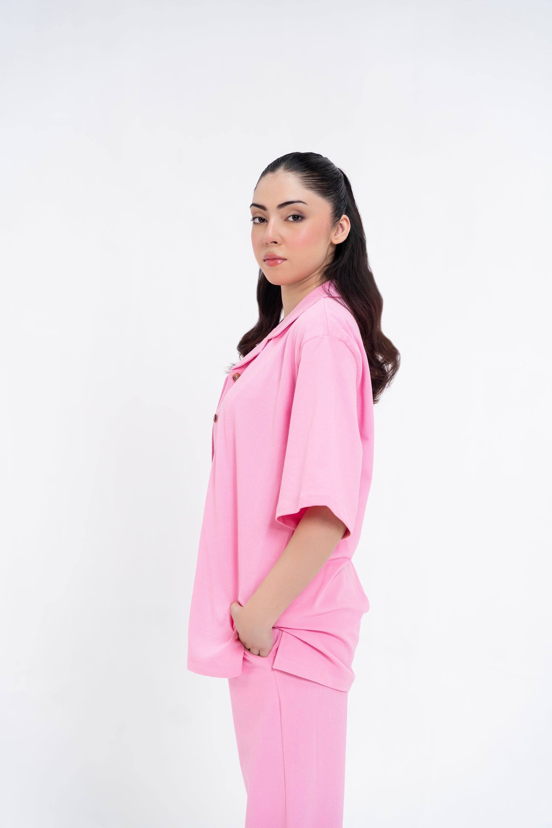 Textured Knit Resort Collar Shirt - Pink