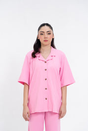Textured Knit Resort Collar Shirt - Pink