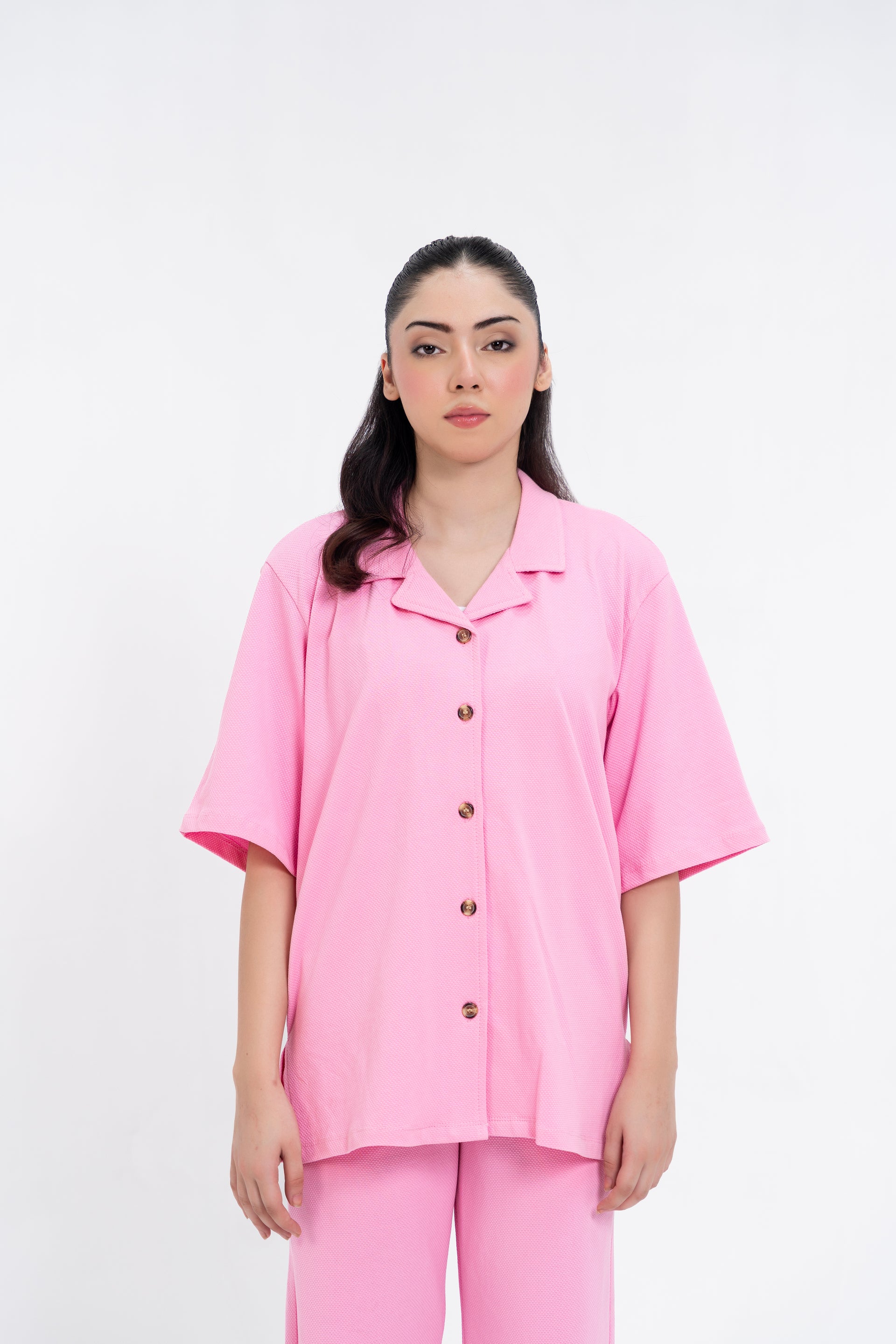 Textured Knit Resort Collar Shirt - Pink