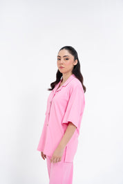 Textured Knit Resort Collar Shirt - Pink