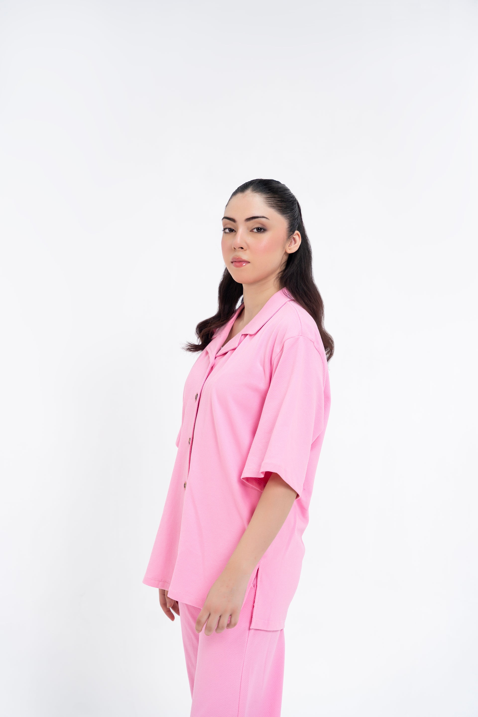 Textured Knit Resort Collar Shirt - Pink