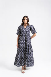 V Neck puff Sleeve Tiered Dress - Black White Garden Print