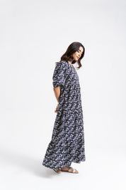 V Neck puff Sleeve Tiered Dress - Black White Garden Print