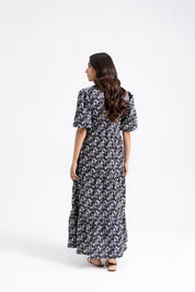 V Neck puff Sleeve Tiered Dress - Black White Garden Print