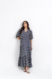 V Neck puff Sleeve Tiered Dress - Black White Garden Print
