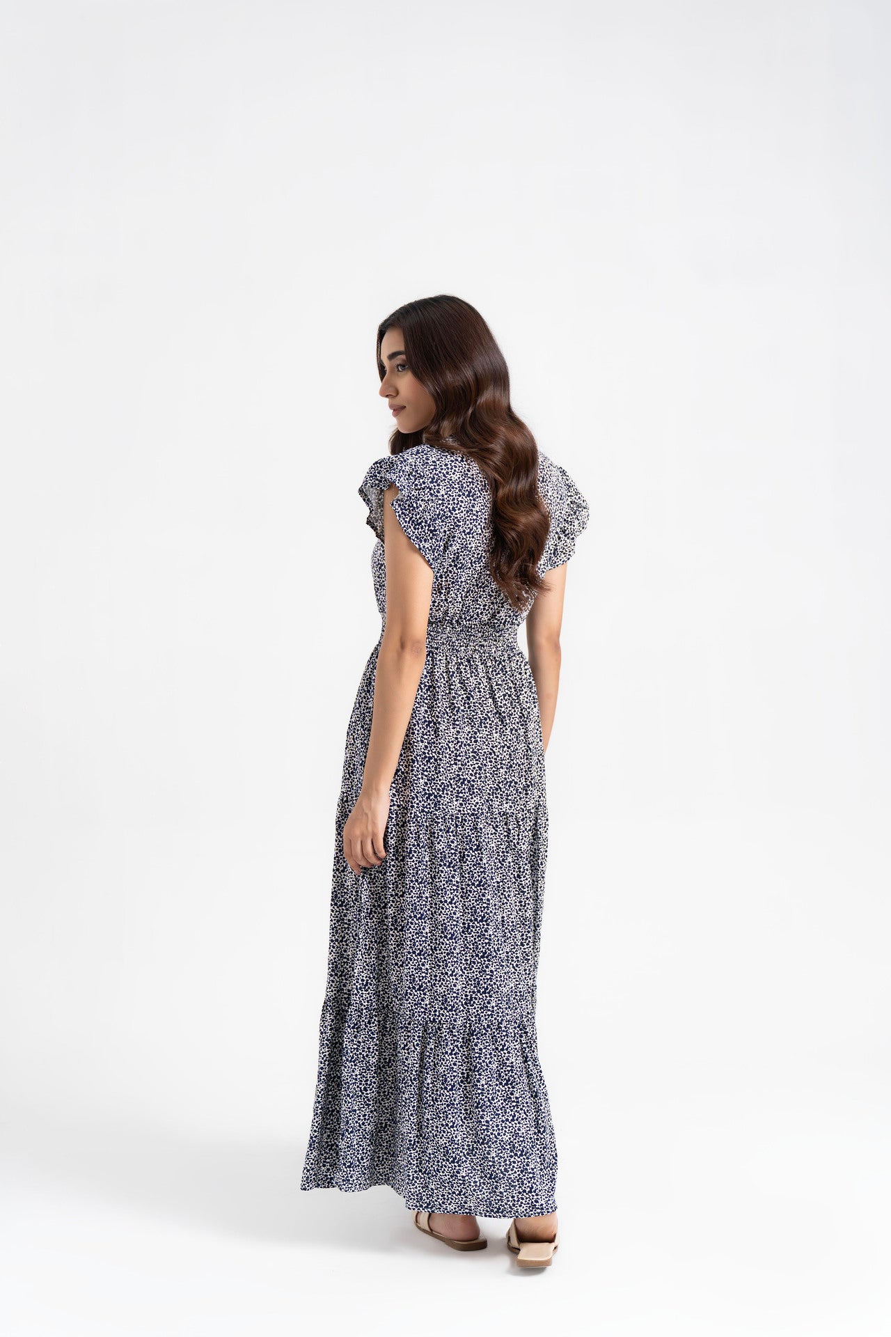 V Neck Butterfly Sleeve Maxi Dress - Navy Blue & White Abstract