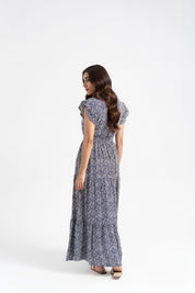 V Neck Butterfly Sleeve Maxi Dress - Navy Blue & White Abstract