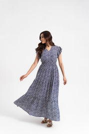 V Neck Butterfly Sleeve Maxi Dress - Navy Blue & White Abstract