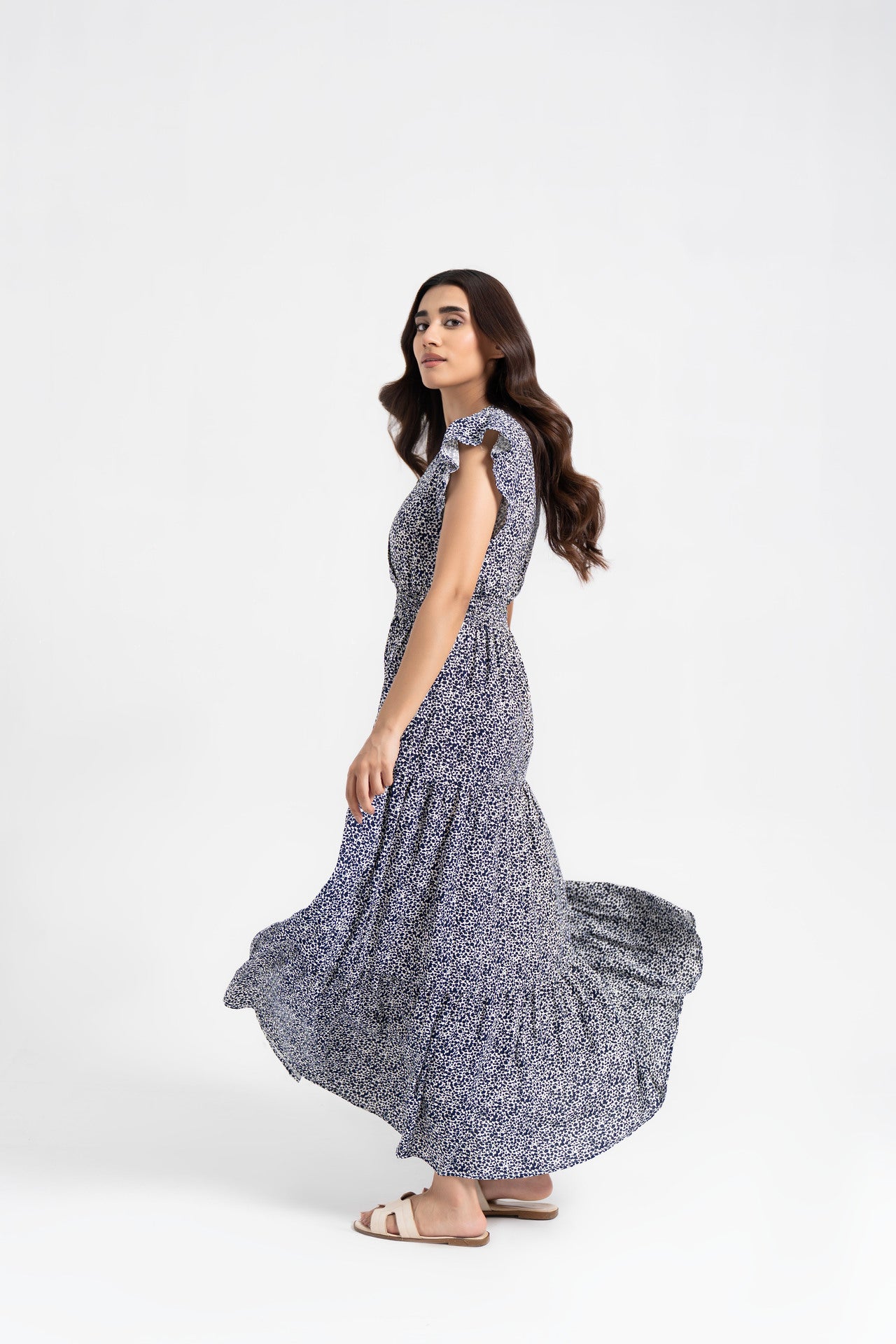 V Neck Butterfly Sleeve Maxi Dress - Navy Blue & White Abstract