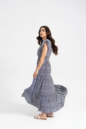 V Neck Butterfly Sleeve Maxi Dress - Navy Blue & White Abstract