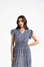 V Neck Butterfly Sleeve Maxi Dress - Navy Blue & White Abstract