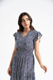 V Neck Butterfly Sleeve Maxi Dress - Navy Blue & White Abstract