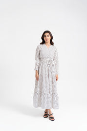 V Neck Tie Waist Dress - White Black Dotted