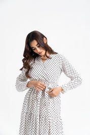 V Neck Tie Waist Dress - White Black Dotted