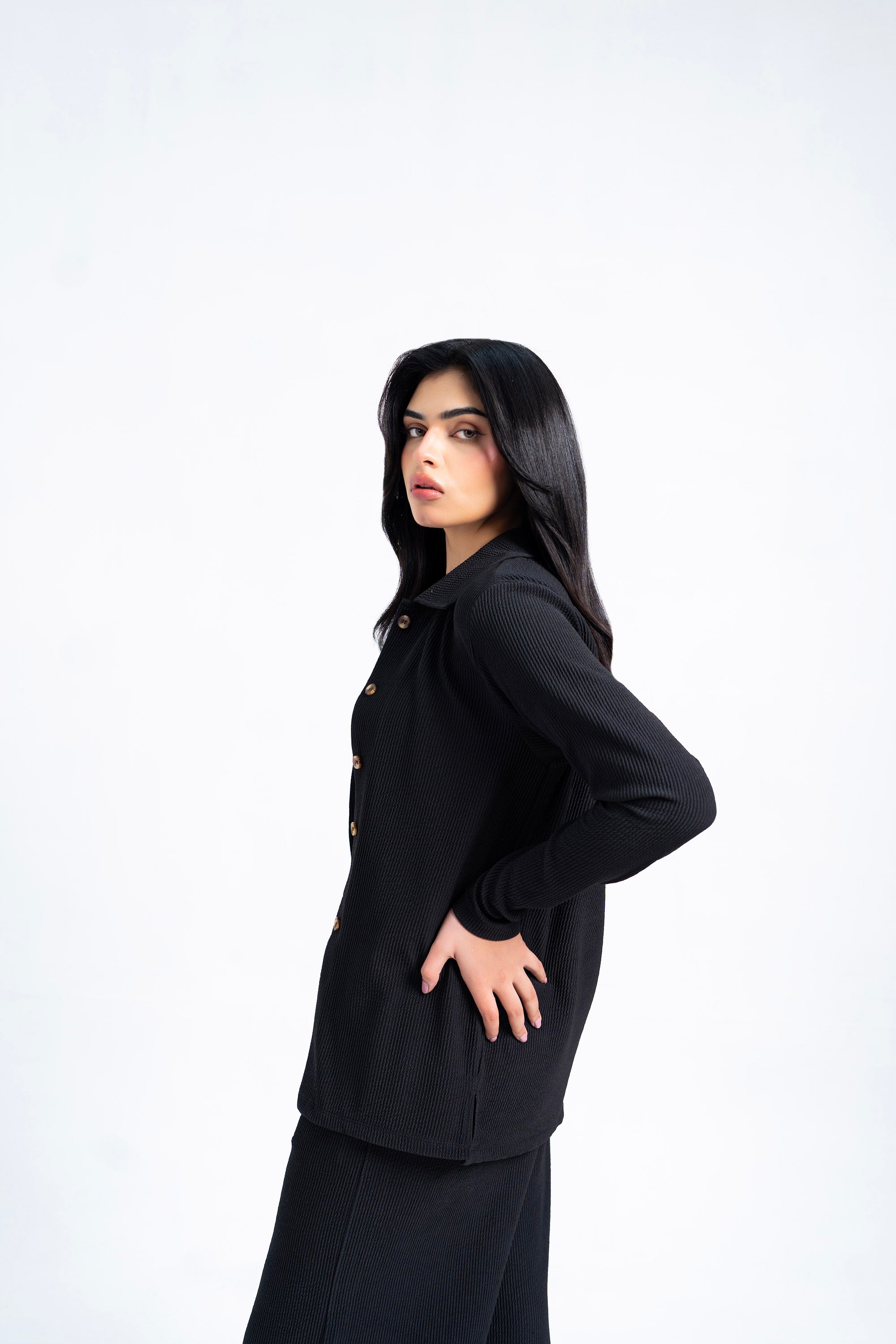 Textured Button-Down Top - Black