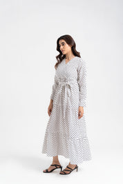 V Neck Tie Waist Dress - White Black Dotted