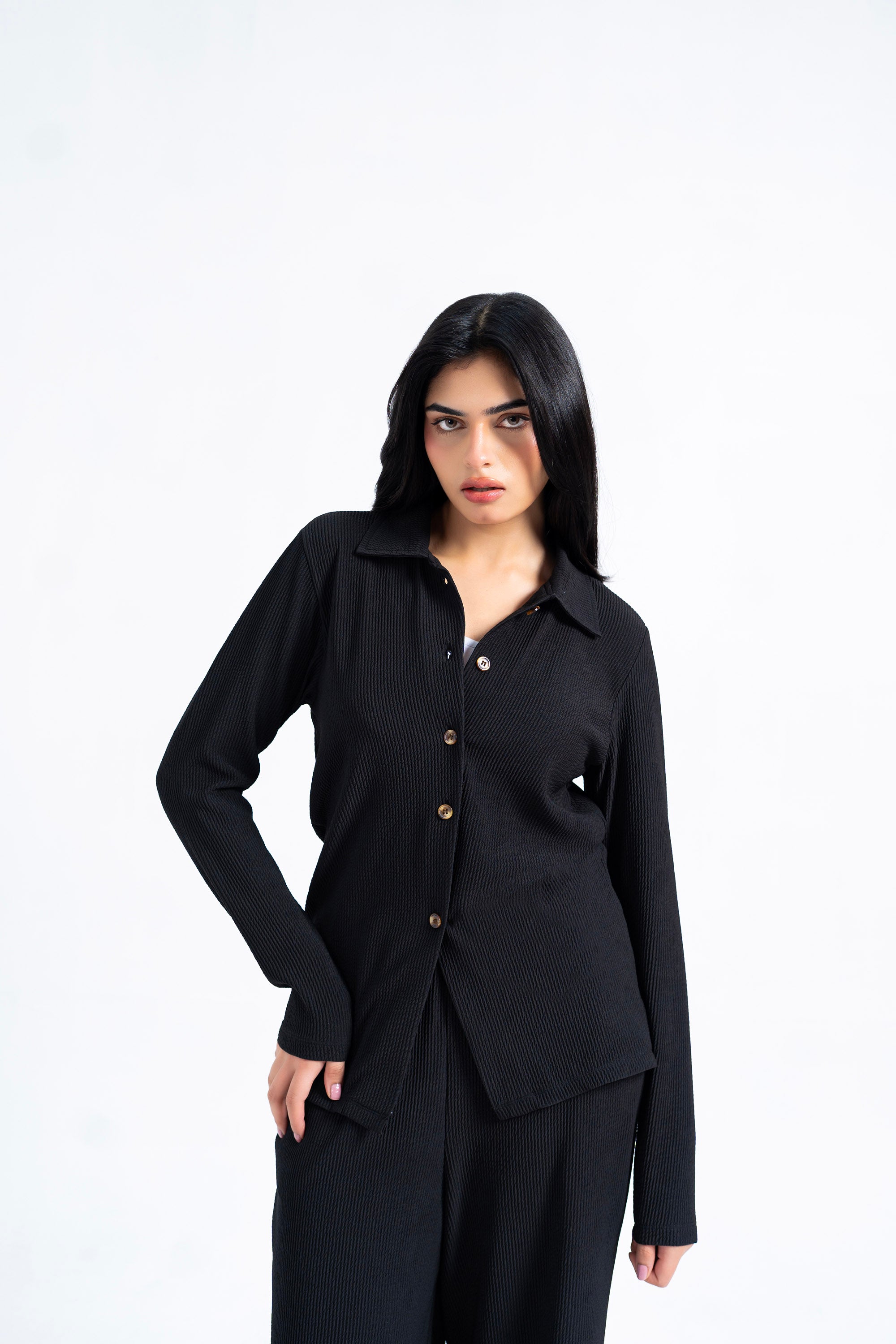 Textured Button-Down Top - Black