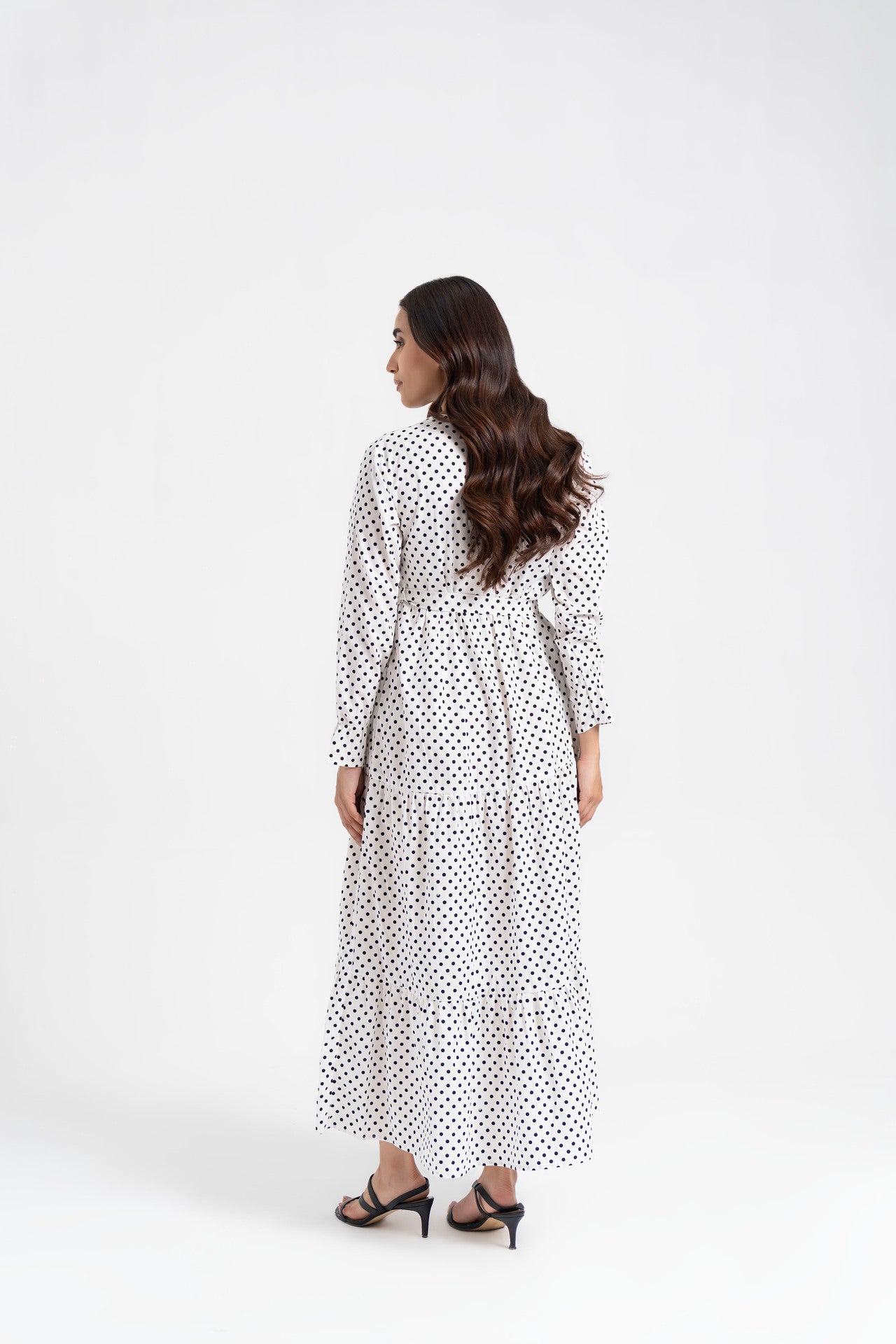 V Neck Tie Waist Dress - White Black Dotted