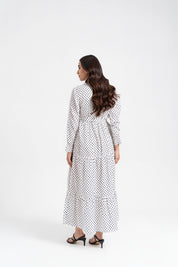 V Neck Tie Waist Dress - White Black Dotted