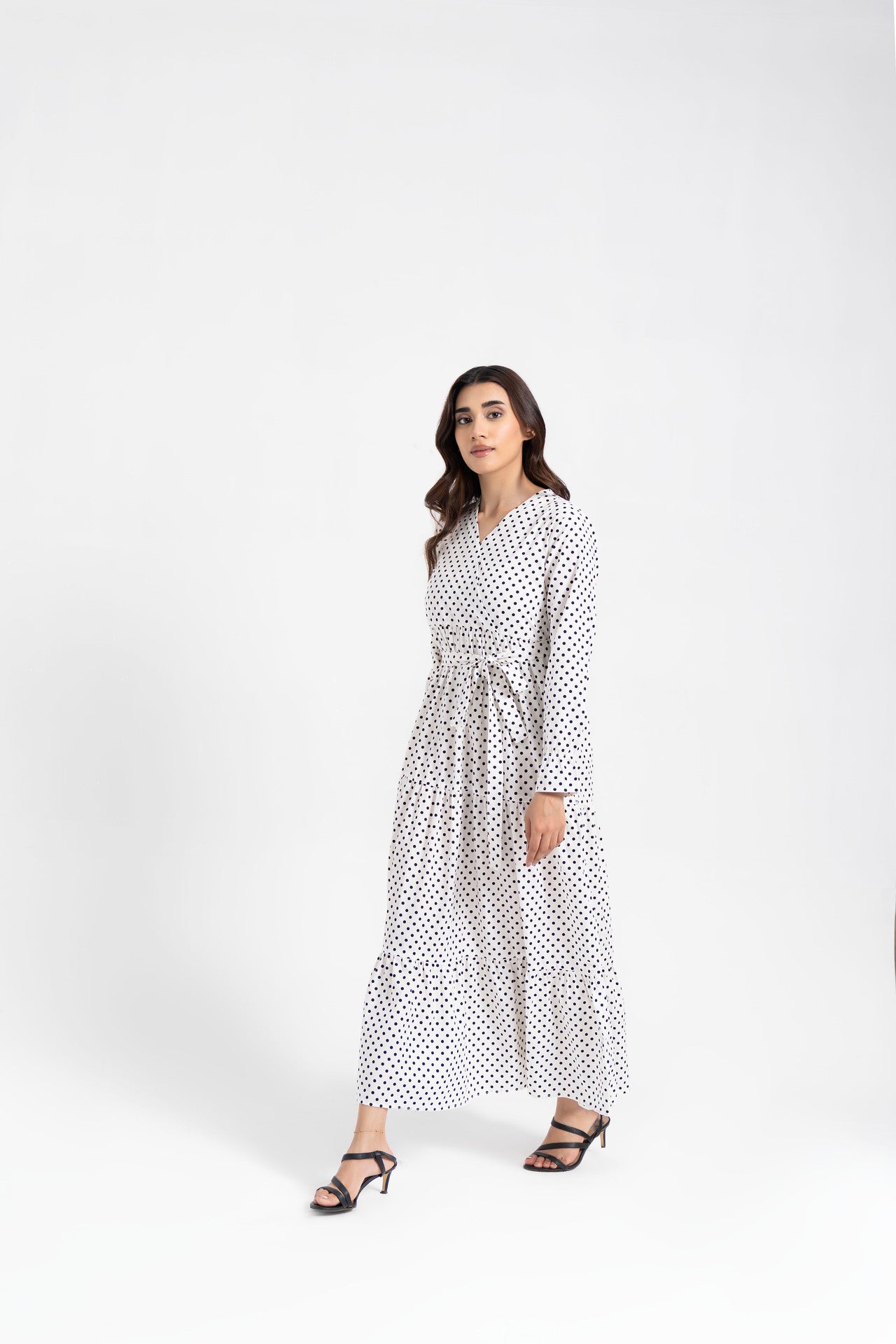 V Neck Tie Waist Dress - White Black Dotted