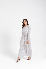 V Neck Tie Waist Dress - White Black Dotted
