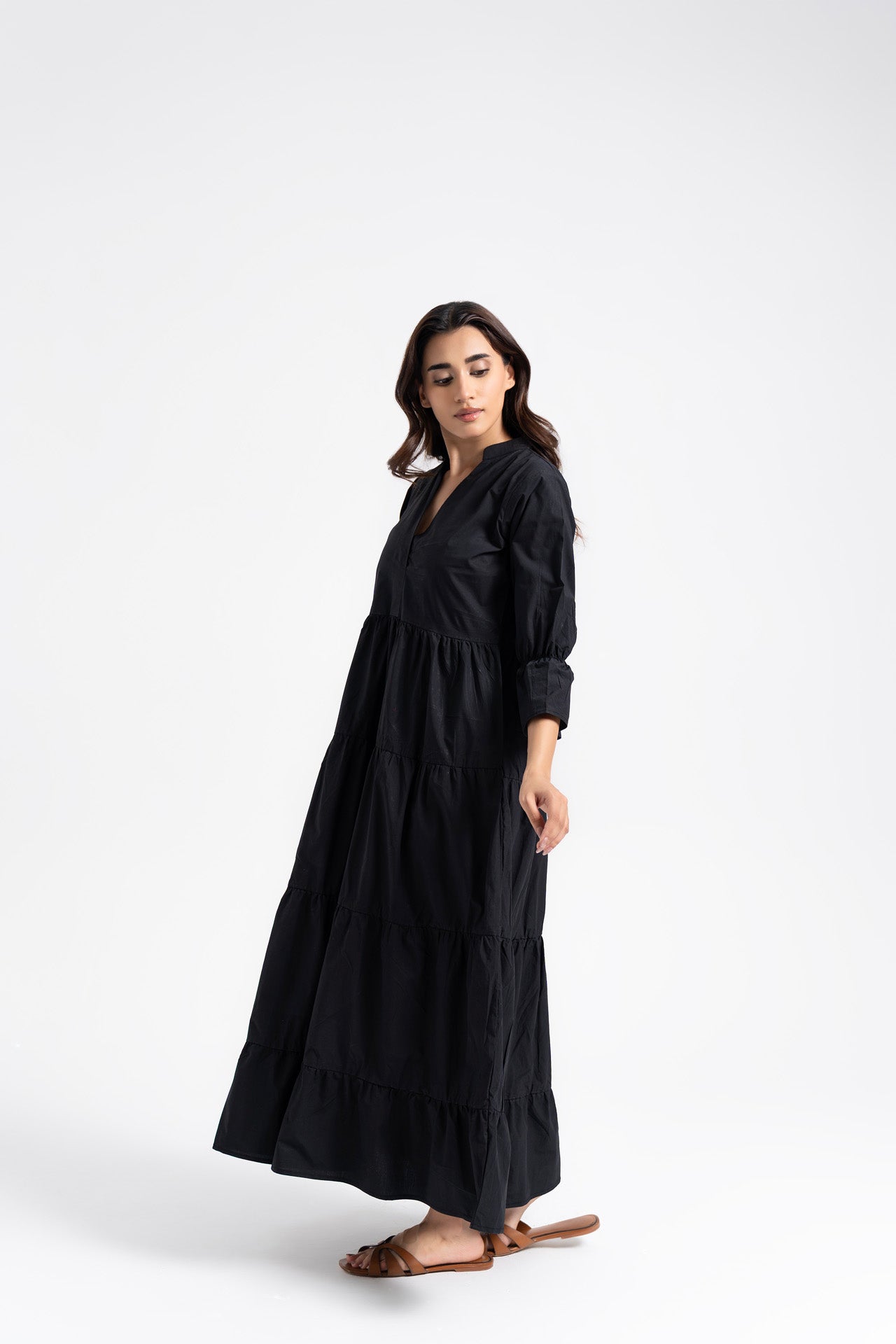 Mandarin Collared Maxi Dress - Black