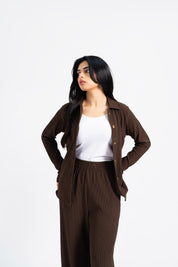 Textured Button-Down Top - Mocha Brown