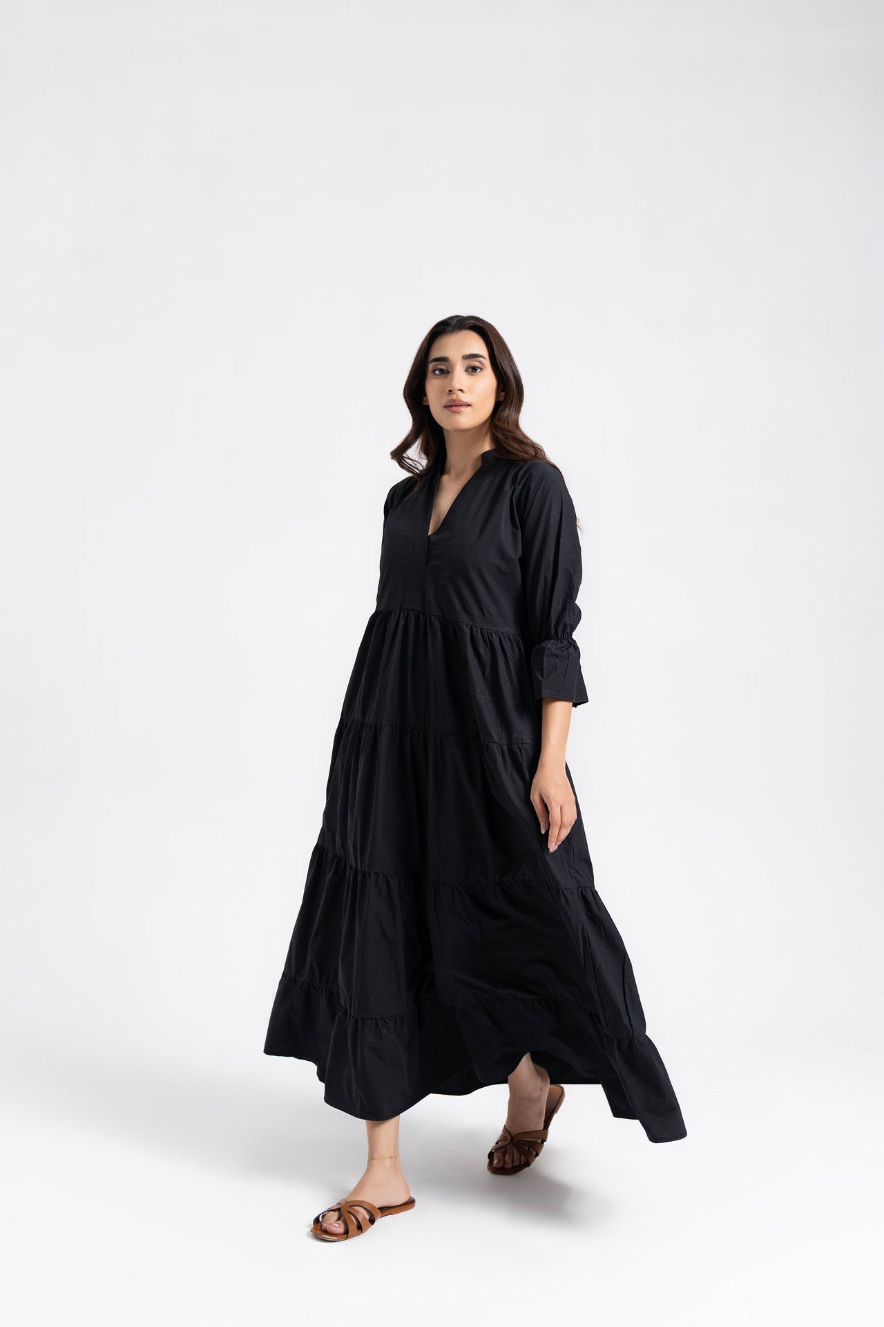 Mandarin Collared Maxi Dress - Black