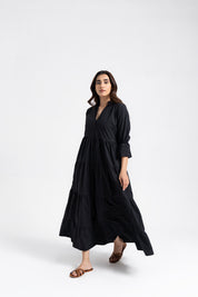 Mandarin Collared Maxi Dress - Black