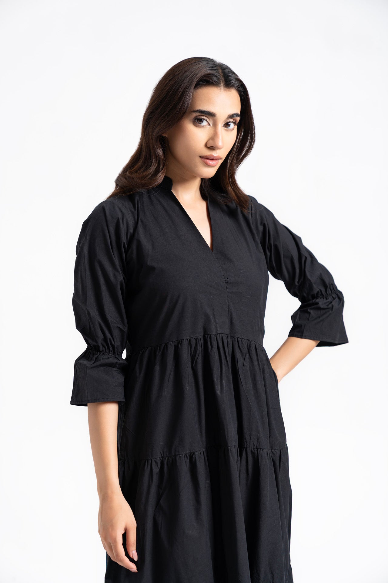 Mandarin Collared Maxi Dress - Black