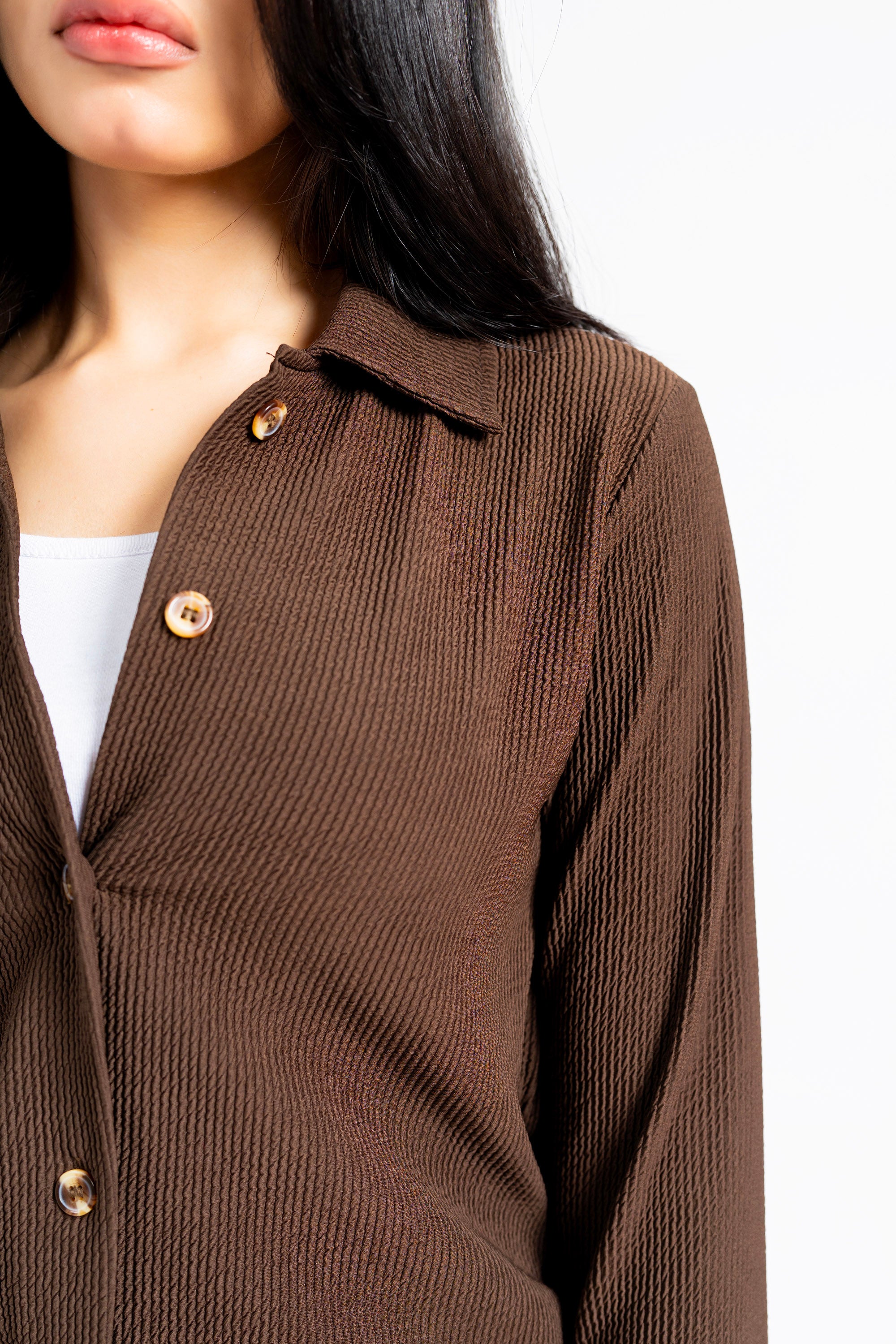 Textured Button-Down Top - Mocha Brown