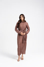 Pleated Puff Sleeve Dress - Mauve
